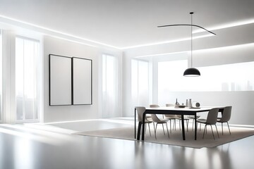 A captivating scene of a clear wall hosting a blank white frame in a minimalist room, enhanced by the subtle illumination of a sleek pendant light.