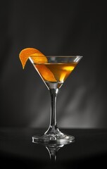 flavored martini with orange on grey background with drip