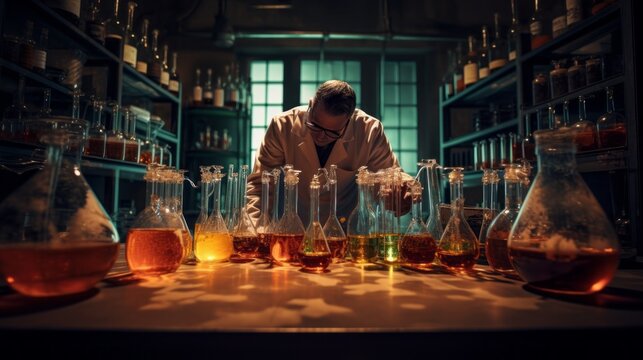 Chemist conducting experiments with colorful chemicals in laboratory glassware
