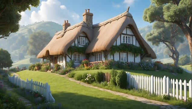 A cozy cottage nestled in the rolling hills, with a thatched roof and a white picket fence. generative AI