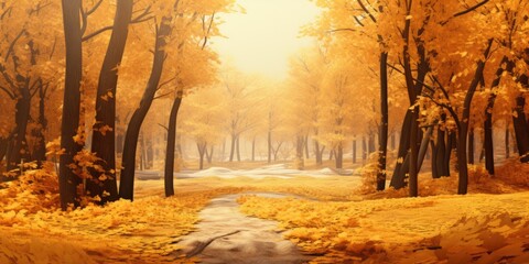 Golden forest in autumn setting.