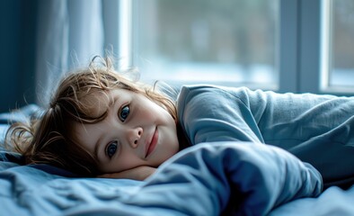 child laying on the bed near the window