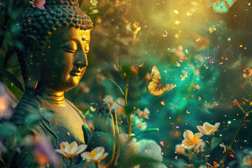 a big glowing golden buddha statue with glowing nature green background, multicolor flowers, birds, butterflies - obrazy, fototapety, plakaty