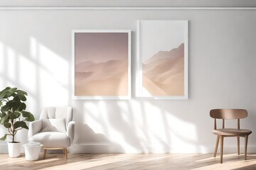 Shadows and light create an enchanting symphony on a minimalist mockup, showcasing a beautiful and simple design within a white frame against a calming solid color wall.