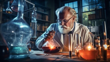Analytical chemistry: scientist conducting experiments in laboratory with beakers and chemicals