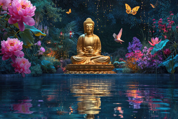 a big glowing golden buddha statue with glowing nature green background, multicolor flowers, birds, butterflies