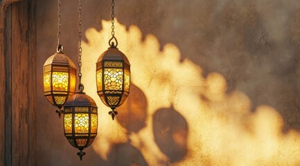 arabic lamps hanging on wall morocco wallpaper - obrazy, fototapety, plakaty