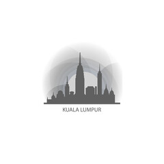 Kuala Lumpur cityscape skyline city panorama vector flat logo, modern icon. Malaysia capital badge idea with landmarks and building silhouettes, isolated clipart at sunset, sunrise, night