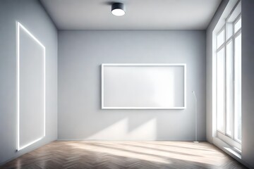 The magic of emptiness unfolds in a single frame, an empty room with a blank white frame on a clear solid color wall, illuminated by a sleek pendant light.