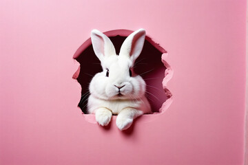 Easter bunny peeps out from a hole in a pink wall