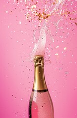 champagne bottle falling on a pink background