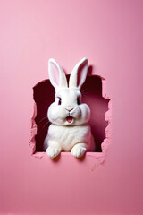 Obraz premium Easter bunny peeps out from a hole in a pink wall