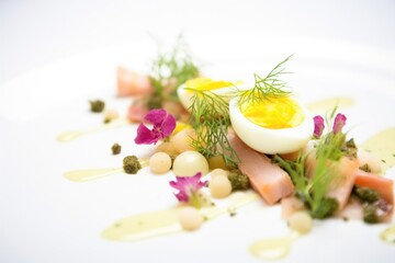 nicoise salad with quail eggs variation, shot from side profile