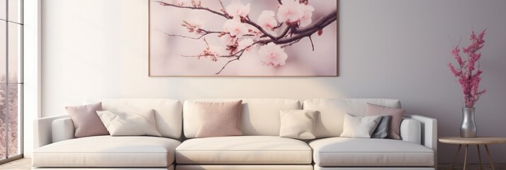 Interior of modern room with comfortable sofa and table with spring flowers