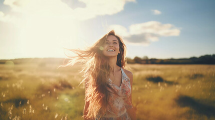 Happy smiling woman standing in field and sun is shining. Generative ai. - obrazy, fototapety, plakaty