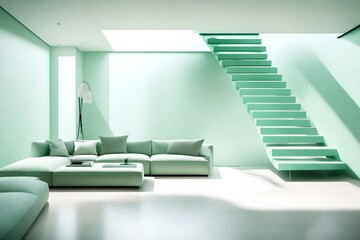 A pristine mint green interior hosting a minimalist floating staircase, projecting beautiful shadows in a serene, contemporary living area.
