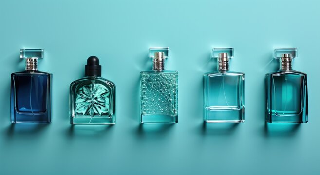 different perfume bottles are located on a blue background