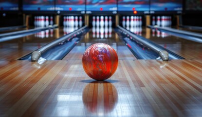 bowling ball at the front of a pins with many other bowling balls - obrazy, fototapety, plakaty