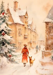 Fototapeta premium Watercolor Christmas card with a retro theme