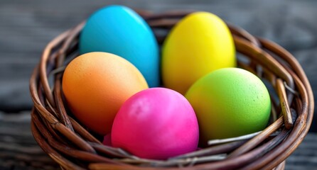 Fototapeta na wymiar bright colored eggs are shown in a wicker basket