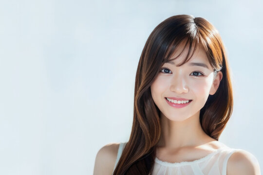 スタジオの白バックで撮影した笑顔の美人日本人女性