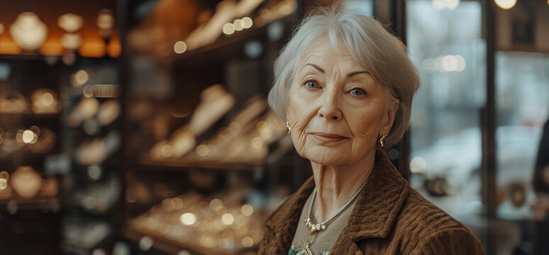 an older woman is standing in a jewelry store