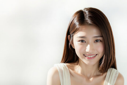 スタジオの白背景で撮影した笑顔の美人日本人女性ポートレイト