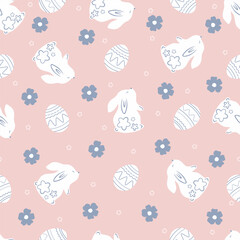 Seamless pattern of cute rabbit with easter eggs and flowers
