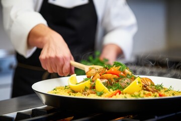 chef garnishing paella with lemon wedges and parsley