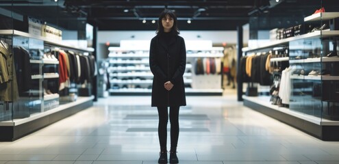 an image with a woman in black standing alone in a store - obrazy, fototapety, plakaty
