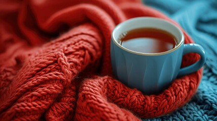 Obraz na płótnie Canvas blue cup of tea on a red knitted scarf in the blue coffee