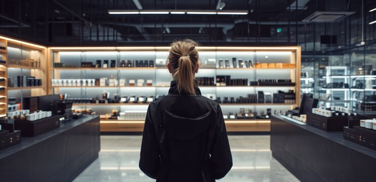 an image with a woman in black standing alone in a store