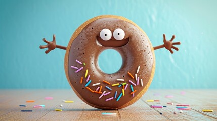 Funny chocolate donut cartoon character.  - obrazy, fototapety, plakaty