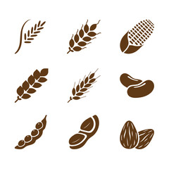 Various types of rice and beans icons. Contains rice, corn, sorghum, wheat, barley, soybeans, mung beans, peanuts and almonds.