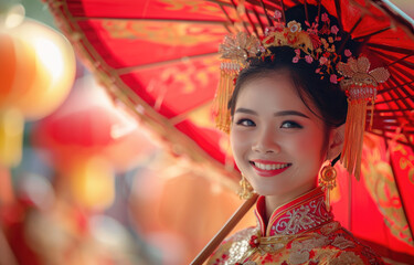 beautiful asian woman walking outdoors holding a red umbrella and smiling