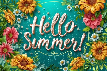 banner with a round frame and various flowers on a green background with the inscription "Hello Summer!"