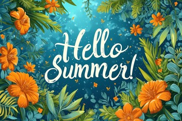 banner with a round frame and various flowers on a green background with the inscription "Hello Summer!"