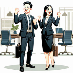 オフィスにてガッツポーズをする男性スタッフと女性スタッフ