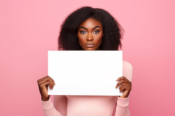 An African girl holding a blank placard on a pink background