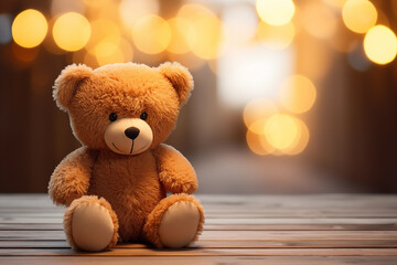a teddy bear on a wooden table on a bokeh background with copy space