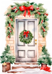 Fototapeta na wymiar Watercolor card with a cottage door decorated for Christmas.