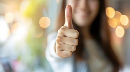 Thumbs up, blurred and working woman does agree by doing hand gesture to express she is happy. Employee likes and smiles about good news about reaching best professional career goal at work.