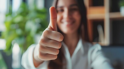 Thumbs up, blurred and working woman does agree by doing hand gesture to express she is happy. Employee likes and smiles about good news about reaching best professional career goal at work. - obrazy, fototapety, plakaty