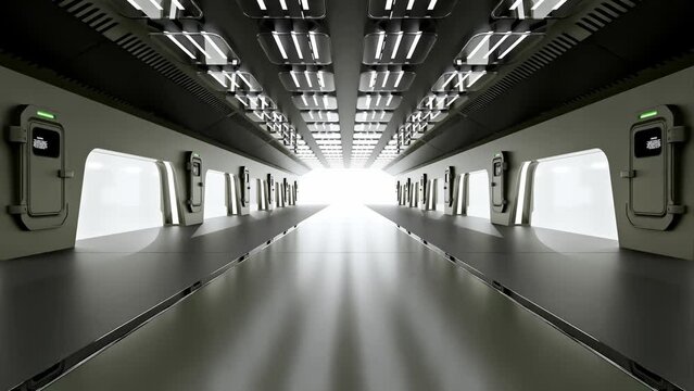 Science lab or sci-fi corridor. Science elements and innovation background. Animation Seamless loop, 3D Render.	