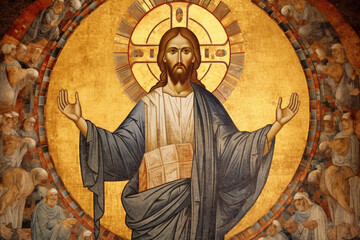 Byzantine Mosaic of Jesus Christ with Golden Halo - obrazy, fototapety, plakaty