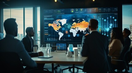 Multicultural data science team brainstorms new markets by world map in monitoring office