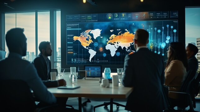 Multicultural data science team brainstorms new markets by world map in monitoring office