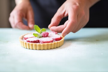 hand placing a mint leaf on a raspberry tart in natural light