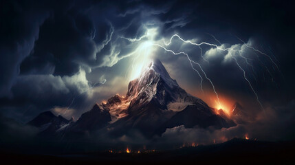Mountain top in a lightning storm landscape. A mountain with a lightning bolt in the sky