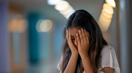 young indian college girl crying at college corridor